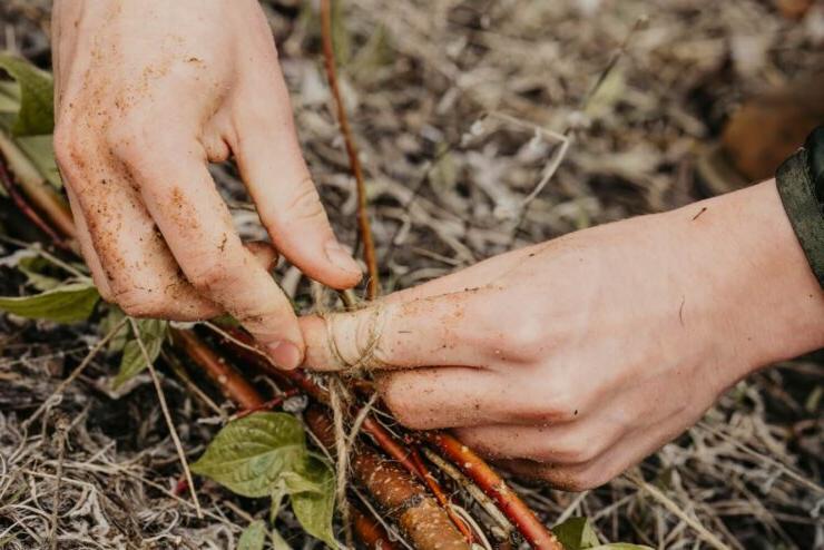 closeup of two hands tying a bundle of sticks on the ground